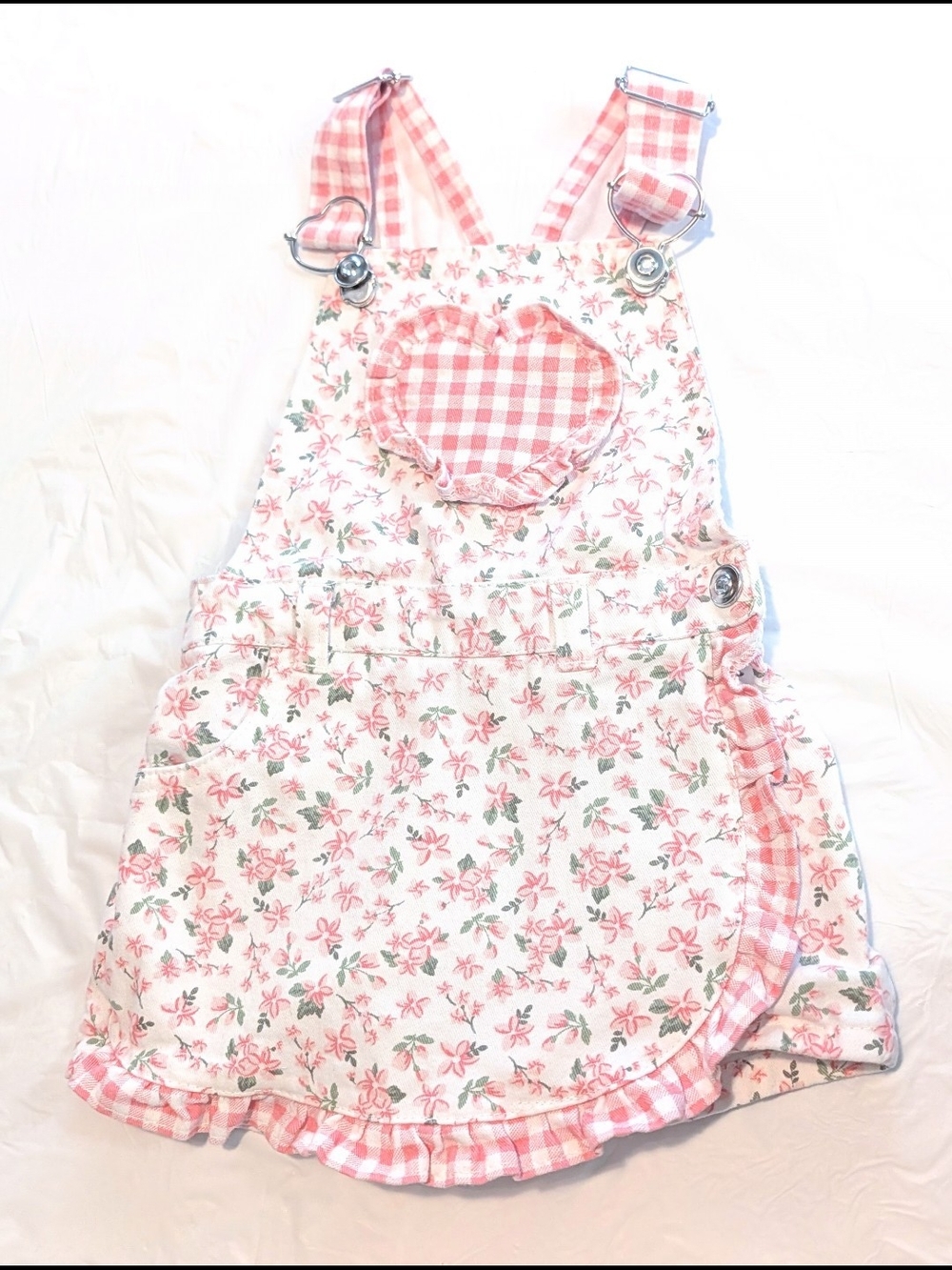 Girls Size 12 M Floral Gingham Heart Pocket Shortalls Pink White Ruffle Overalls